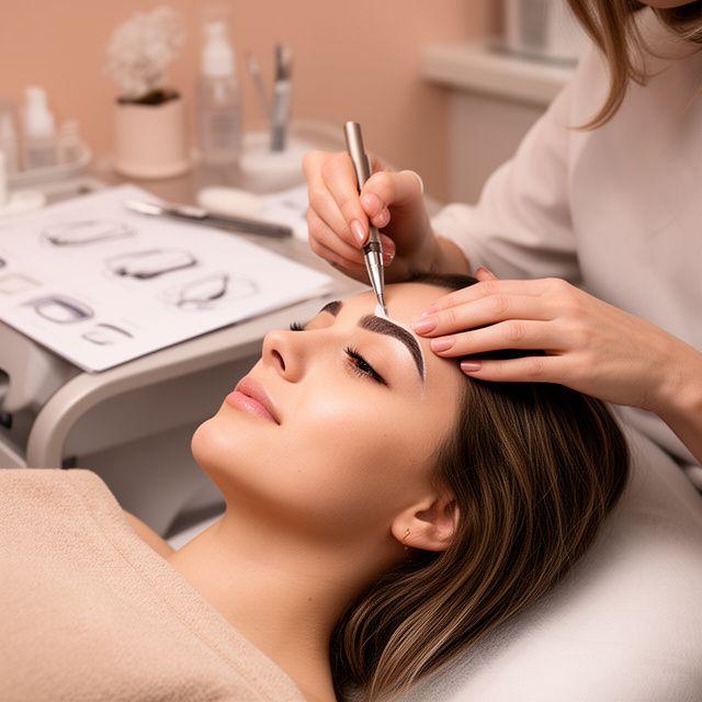Client reclining for microblading consultation under soft studio lighting with design sketches
